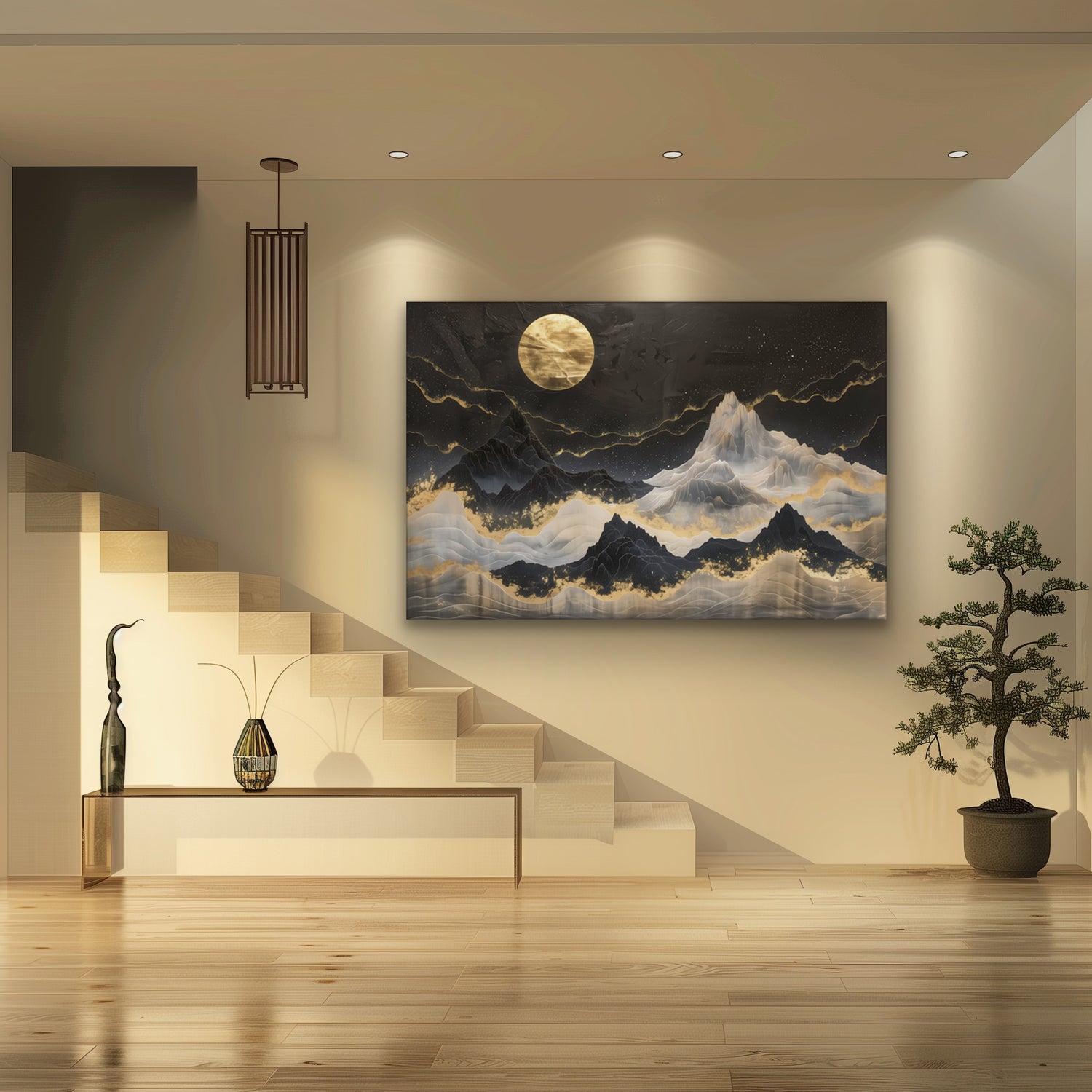 Golden Nights Over Mountains - hochwertiges Wandbild in minimalistischer Inneneinrichtung