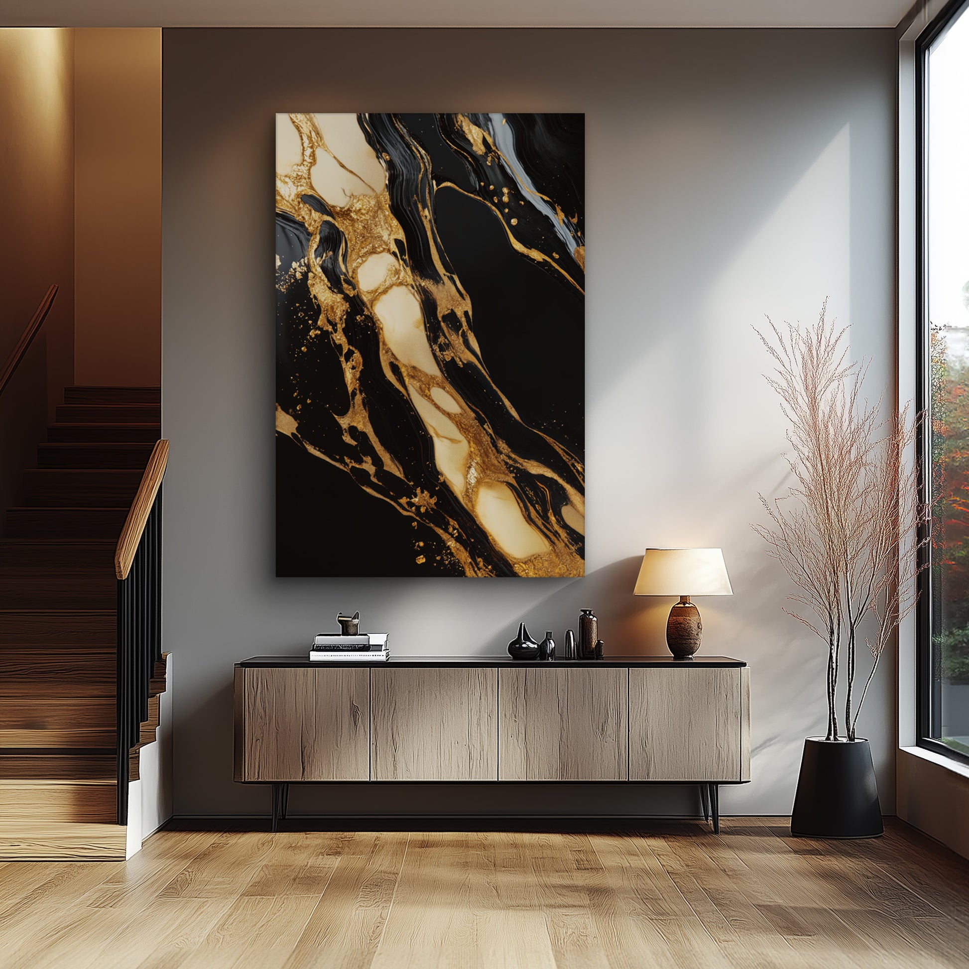 Dark Golden Flow No. 1 - Hochwertige Wandkunst in stilvollem Interieur