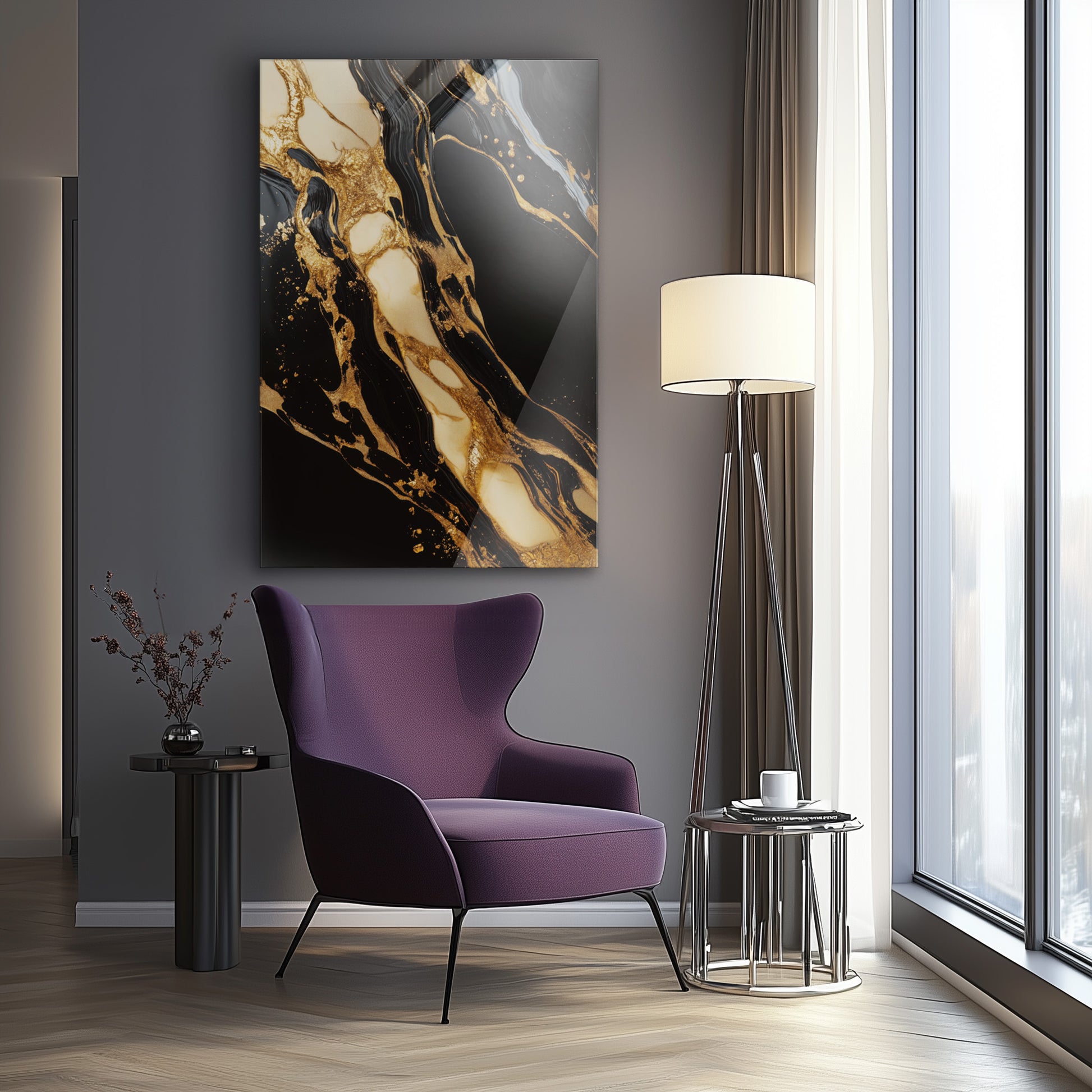 Dark Golden Flow No. 1 - hochwertiges Wandbild in minimalistischer Inneneinrichtung