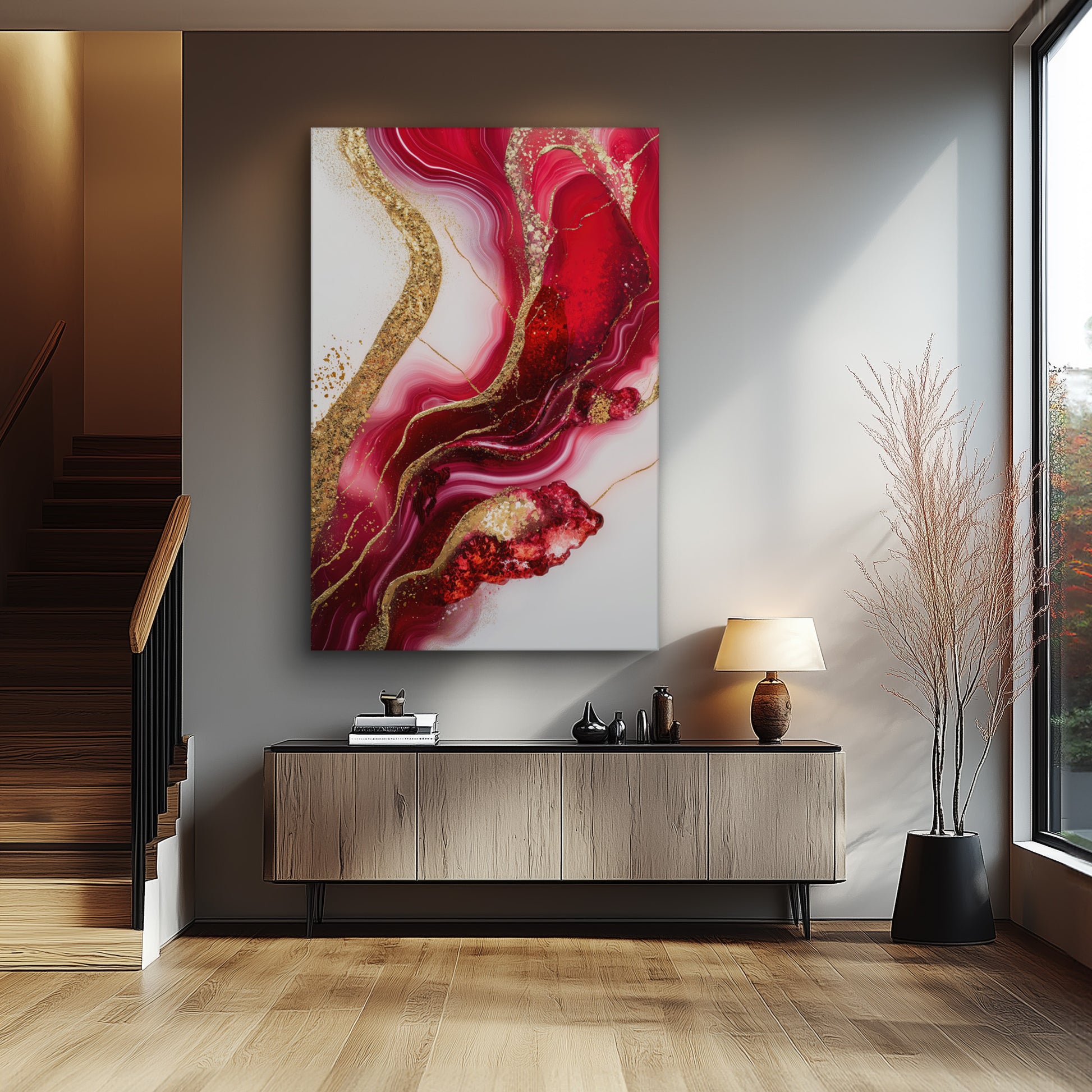 Royal Ruby Flow No. 3 - Hochwertige Wandkunst in stilvollem Interieur