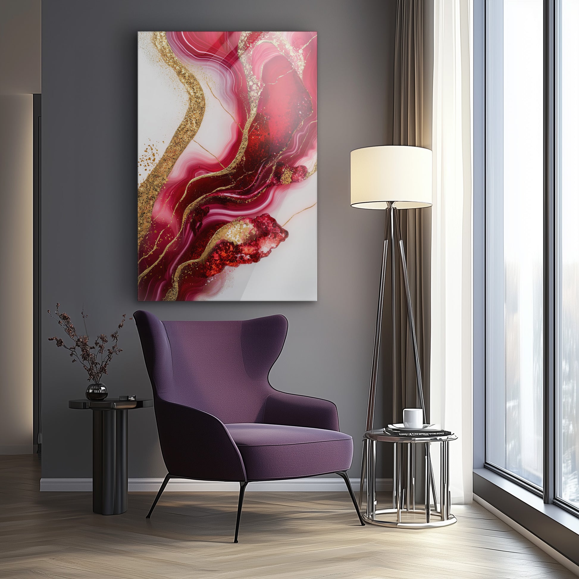 Royal Ruby Flow No. 3 - hochwertiges Wandbild in minimalistischer Inneneinrichtung