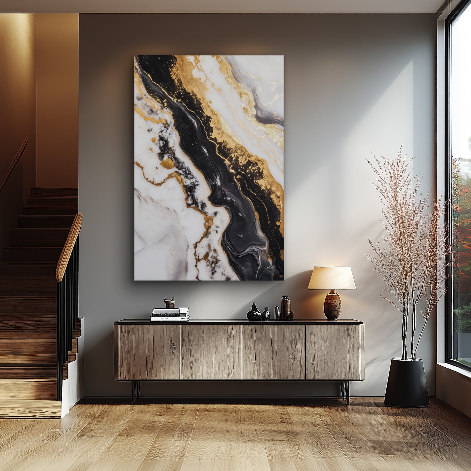 Luxurious Marble Golden Black No. 1 - hochwertiges Wandbild in minimalistischer Inneneinrichtung