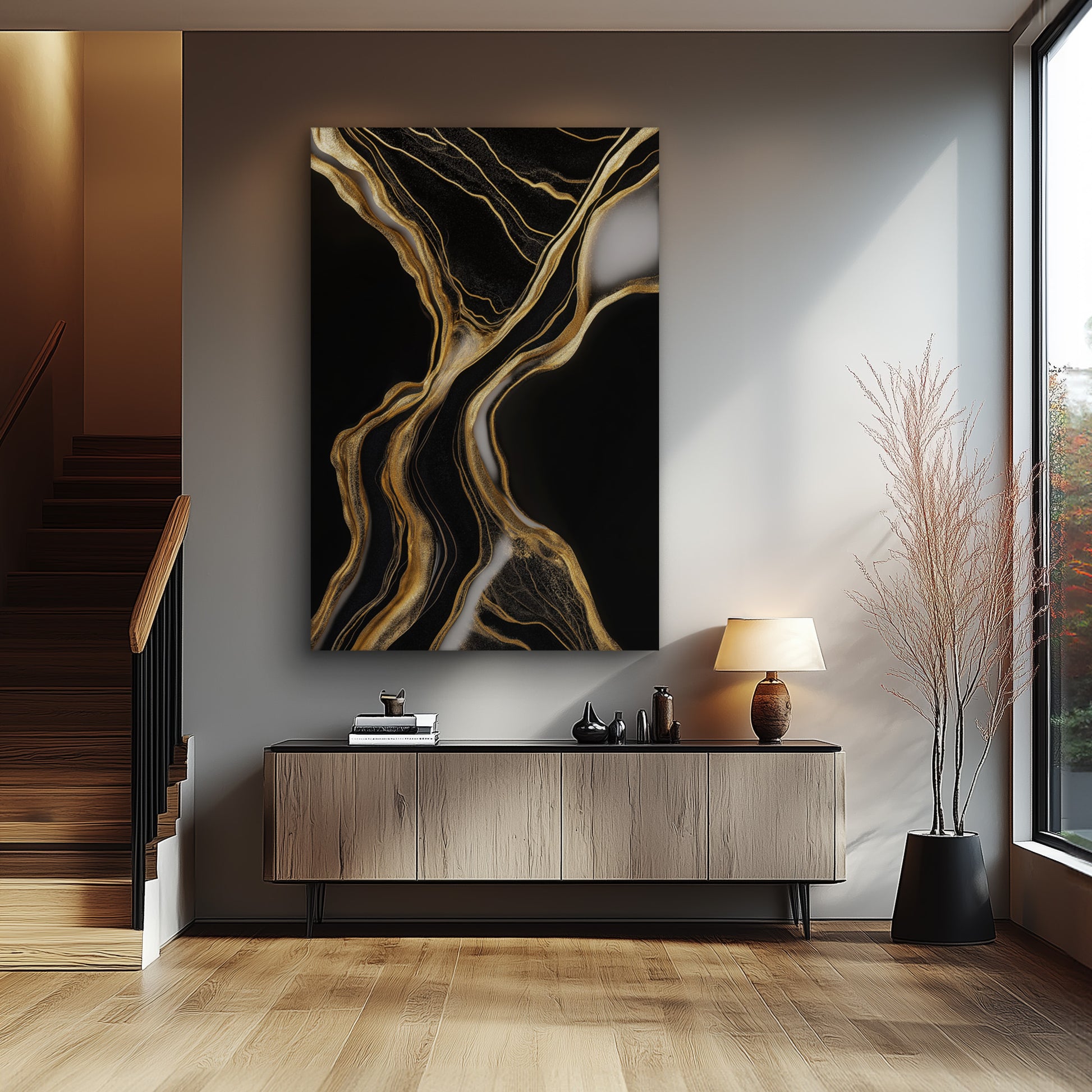 Dark Golden Flow No. 2 - Hochwertige Wandkunst in stilvollem Interieur