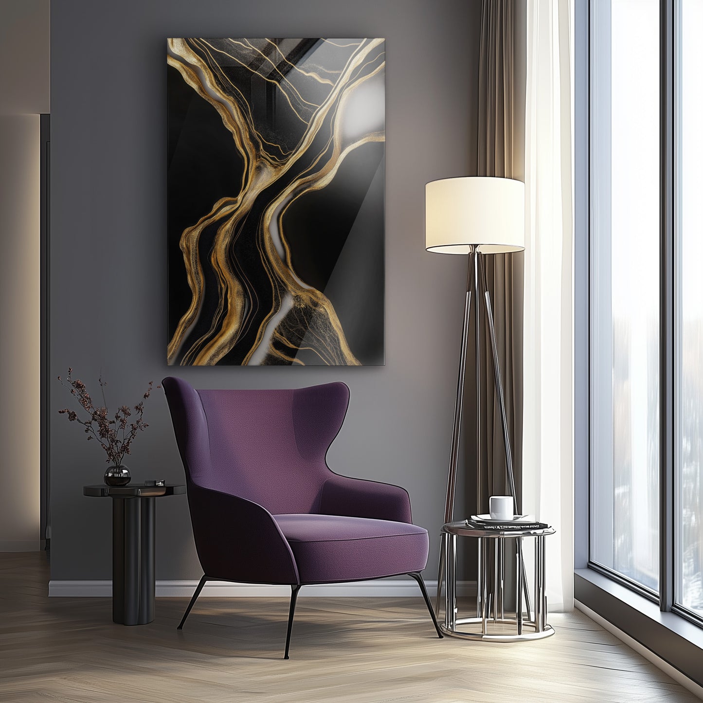 Dark Golden Flow No. 2 - hochwertiges Wandbild in minimalistischer Inneneinrichtung