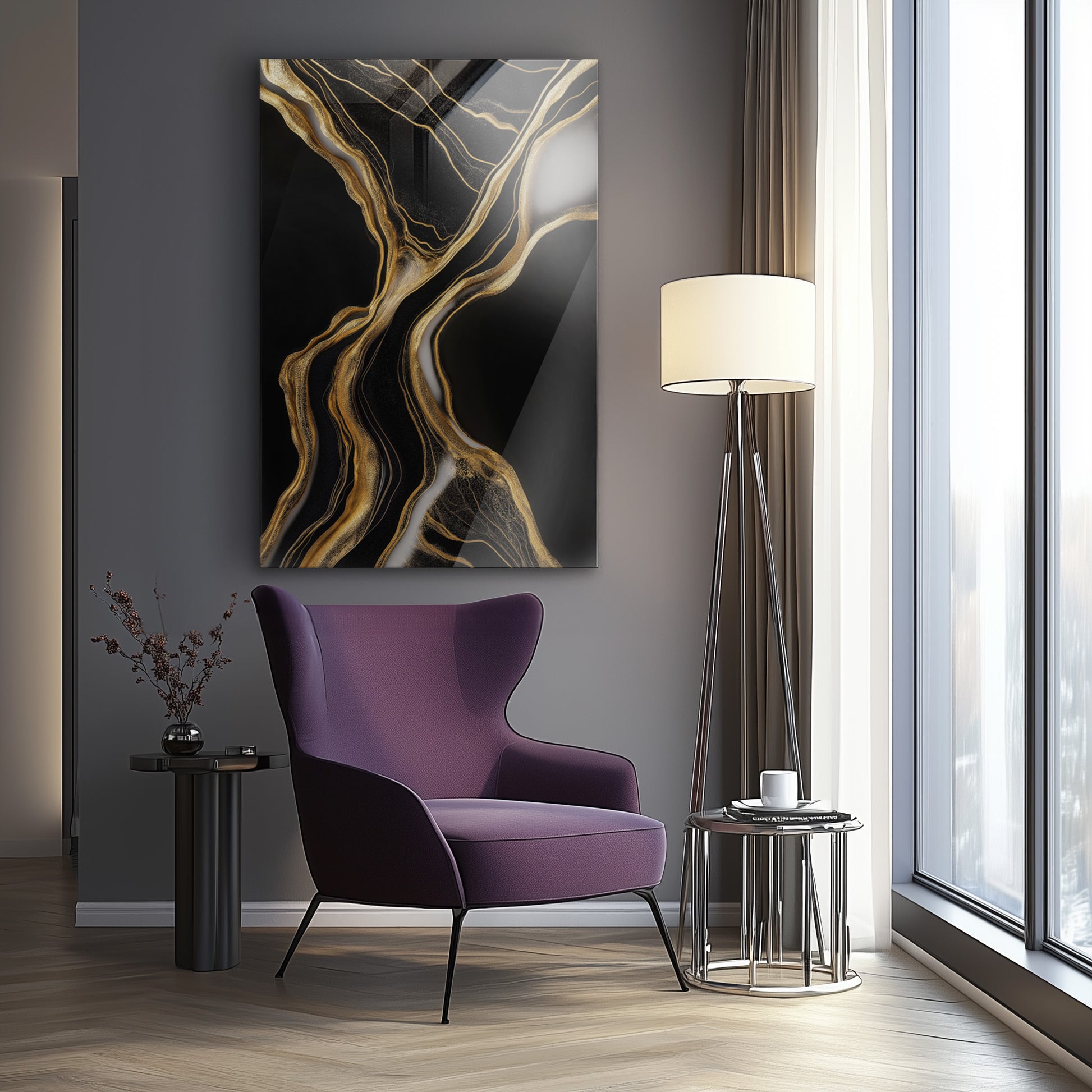 Dark Golden Flow No. 2 - hochwertiges Wandbild in minimalistischer Inneneinrichtung