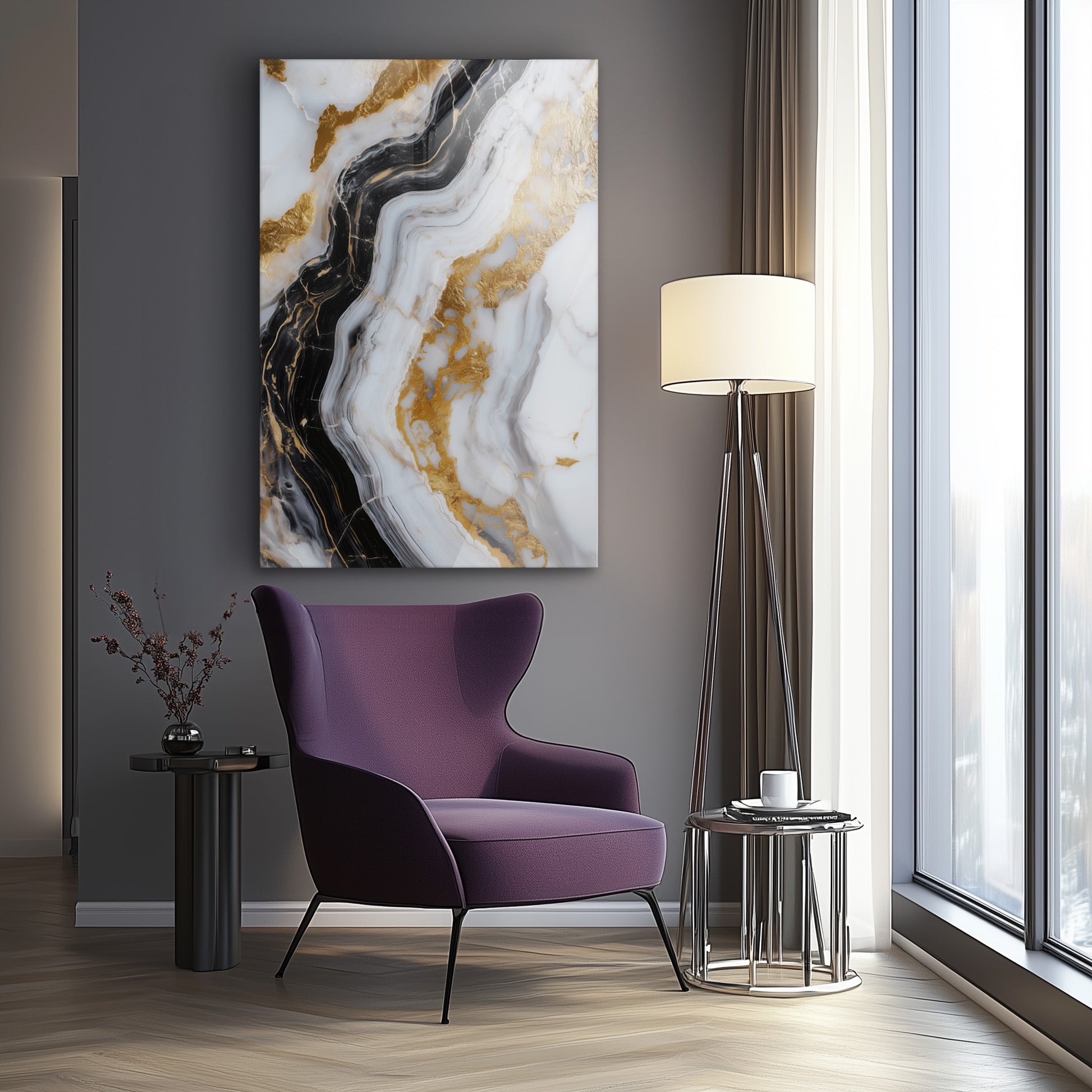 Luxurious Marble Golden Black No. 3 - hochwertiges Wandbild in minimalistischer Inneneinrichtung