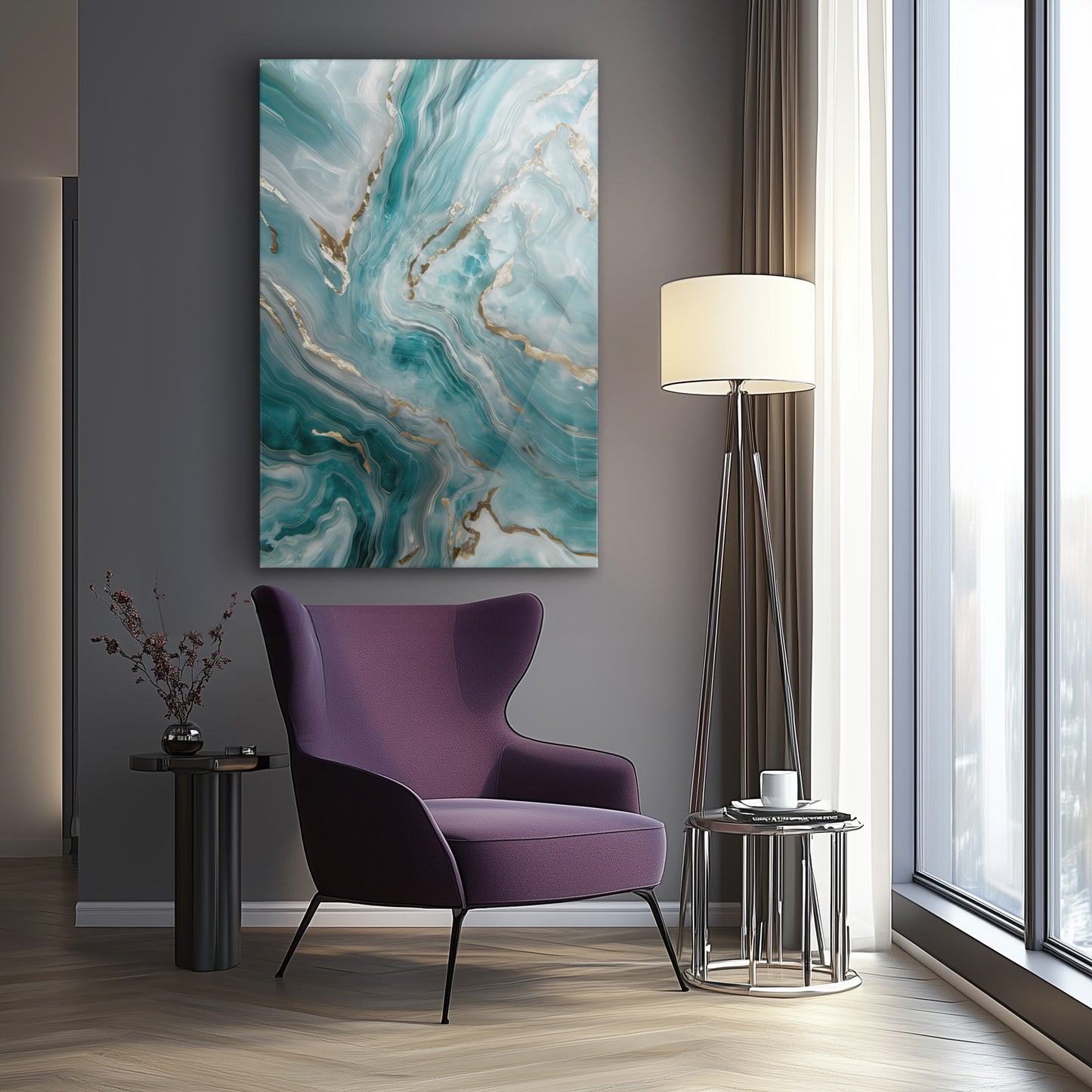 Icy Blue Marble No. 2 - hochwertiges Wandbild in minimalistischer Inneneinrichtung