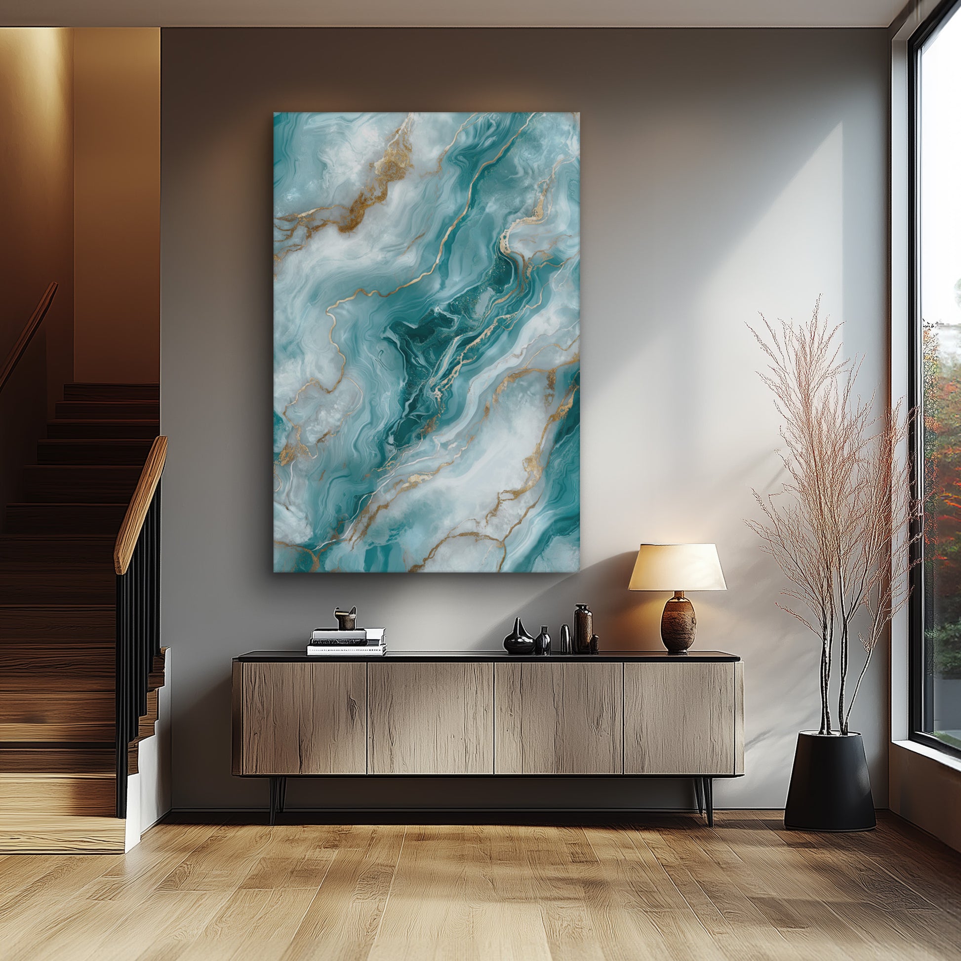 Icy Blue Marble No. 3 - Hochwertige Wandkunst in stilvollem Interieur