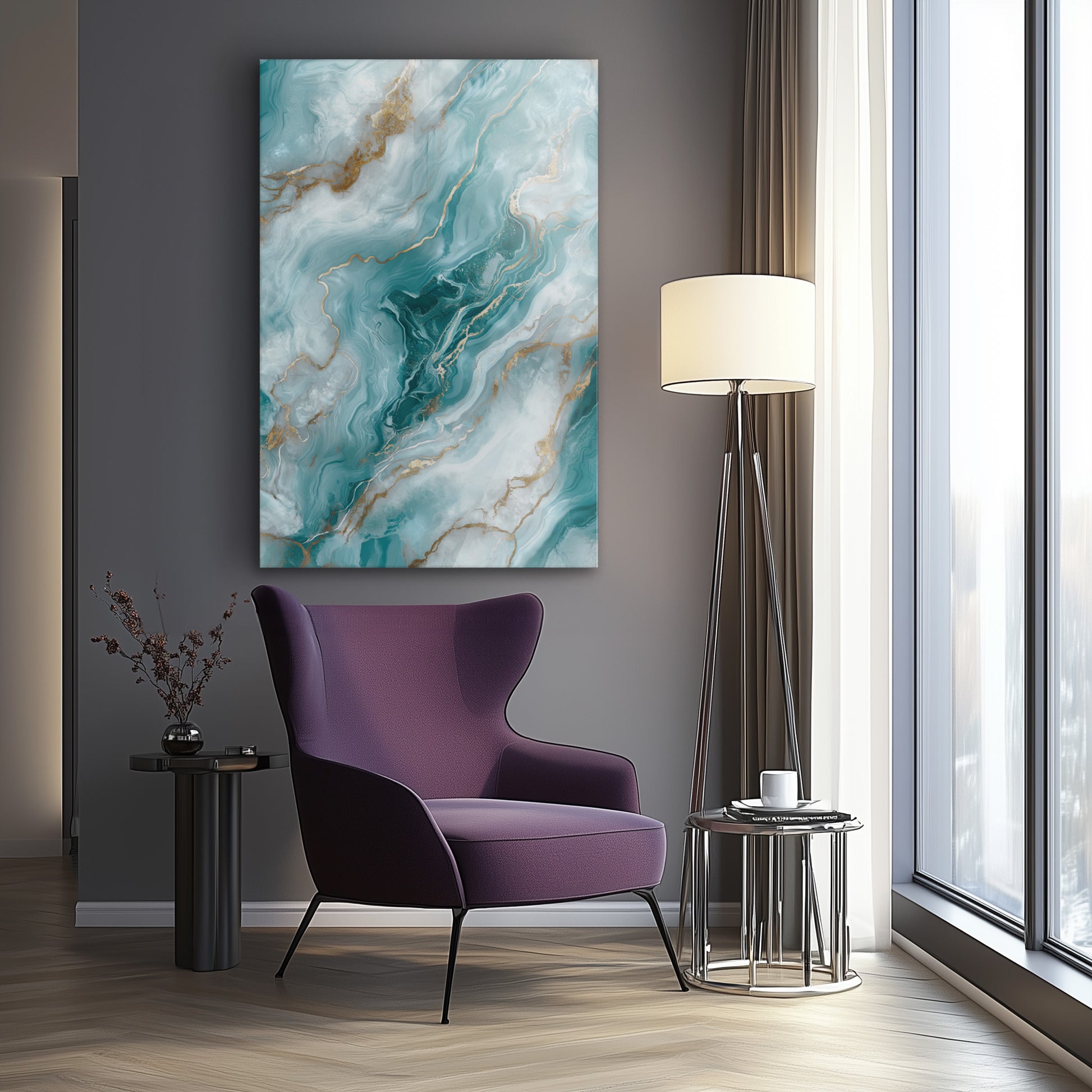 Icy Blue Marble No. 3 - hochwertiges Wandbild in minimalistischer Inneneinrichtung