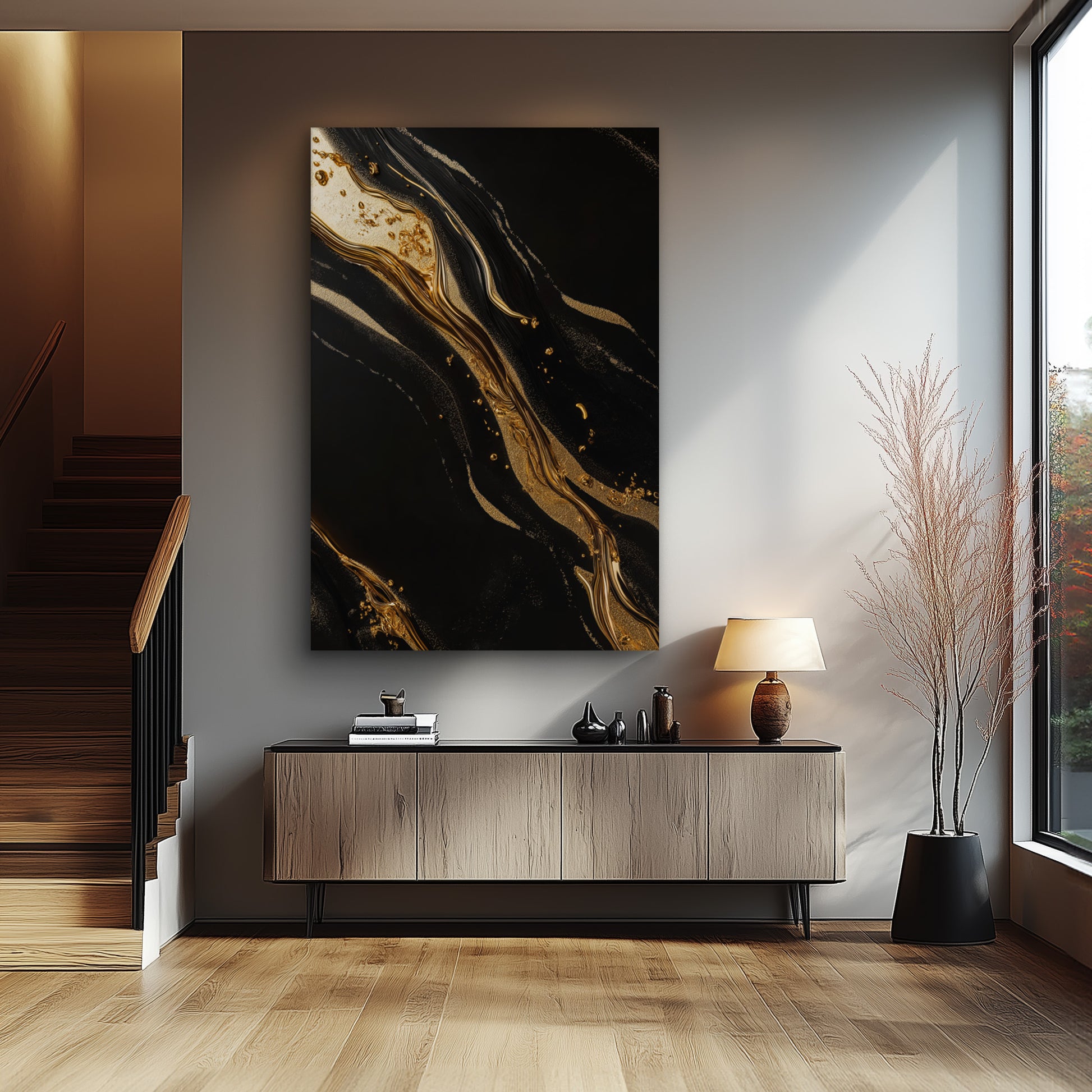 Dark Golden Flow No. 3 - hochwertiges Wandbild in minimalistischer Inneneinrichtung