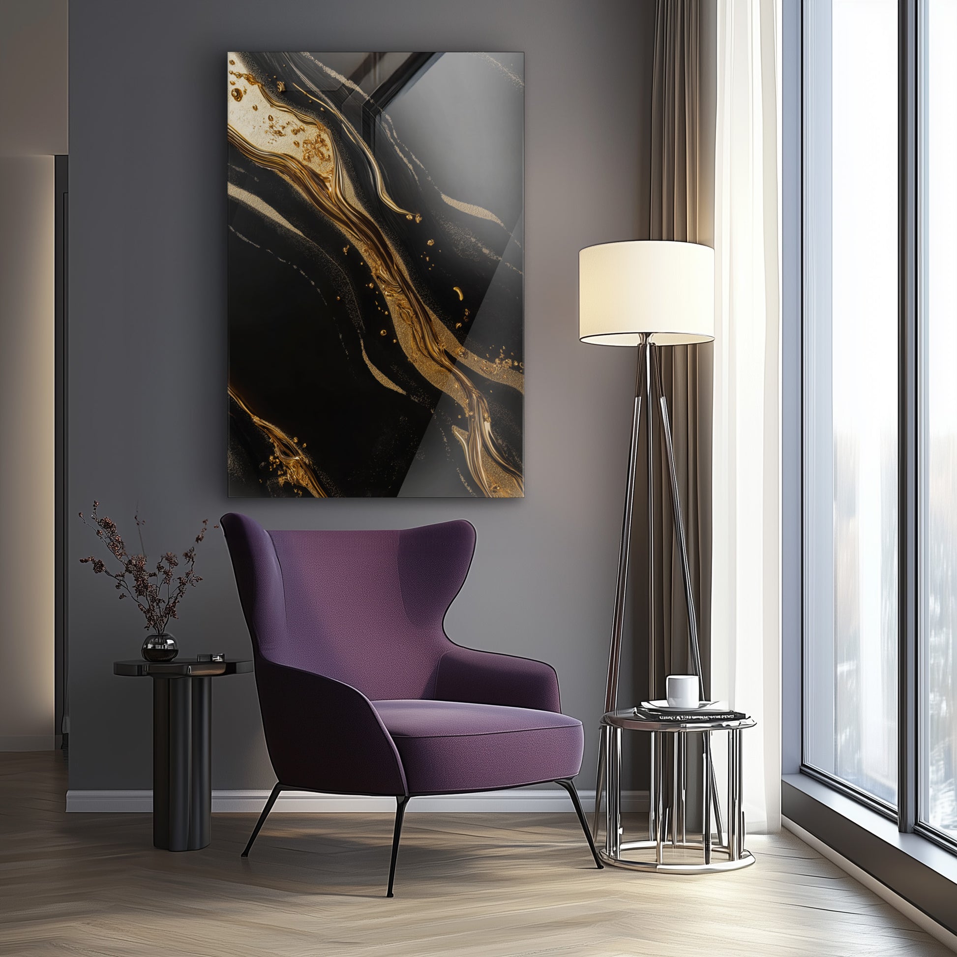 Dark Golden Flow No. 3 - Hochwertige Wandkunst in stilvollem Interieur
