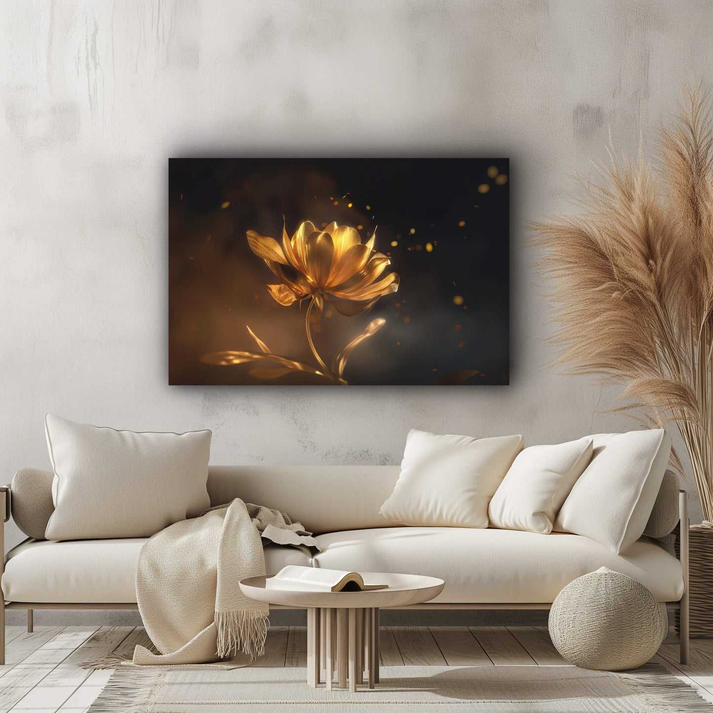 Golden Flower - Wandbild in moderner Wohnumgebung